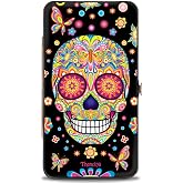 Buckle-Down Thaneeya McArdle Hinged Clasp Wallet | Mariposa Calaveras Butterflies Flowers Black Multi Color Credit Card Slots Vegan Leather