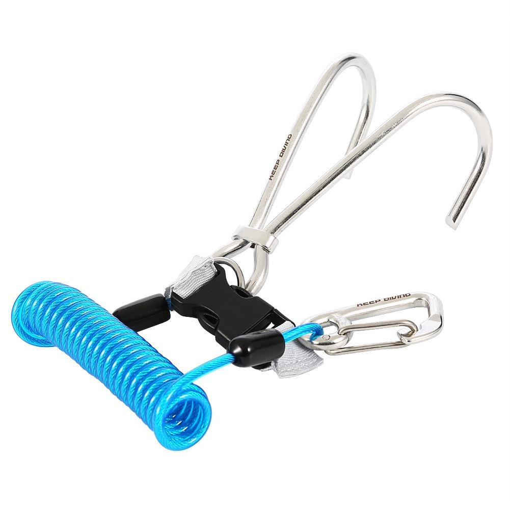 Diving Hook, Stainless Steel Reef Double Hook with Spiral Coil Lanyard & and Quick-Release Buckle, Unisex Adult Clip Double Underwater Hook (Blue)