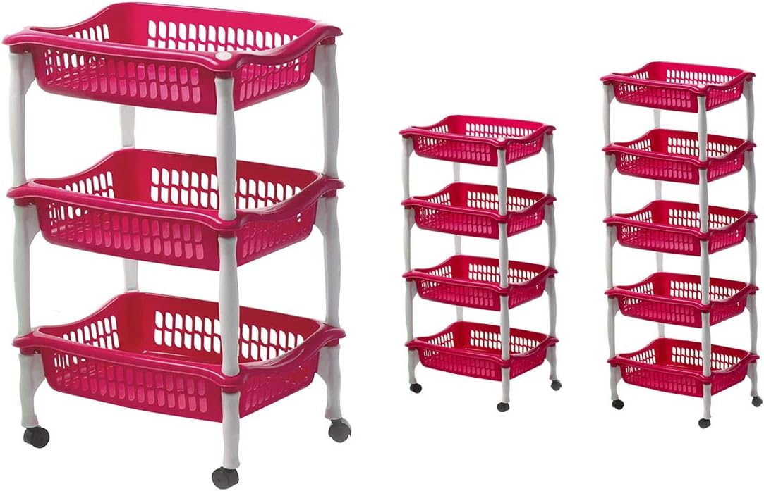 Elianware 3-Tier Multi Purpose Kitchen, Household Portable Storage Racks with Wheels Tray Basket Rectangle Shaped Pink