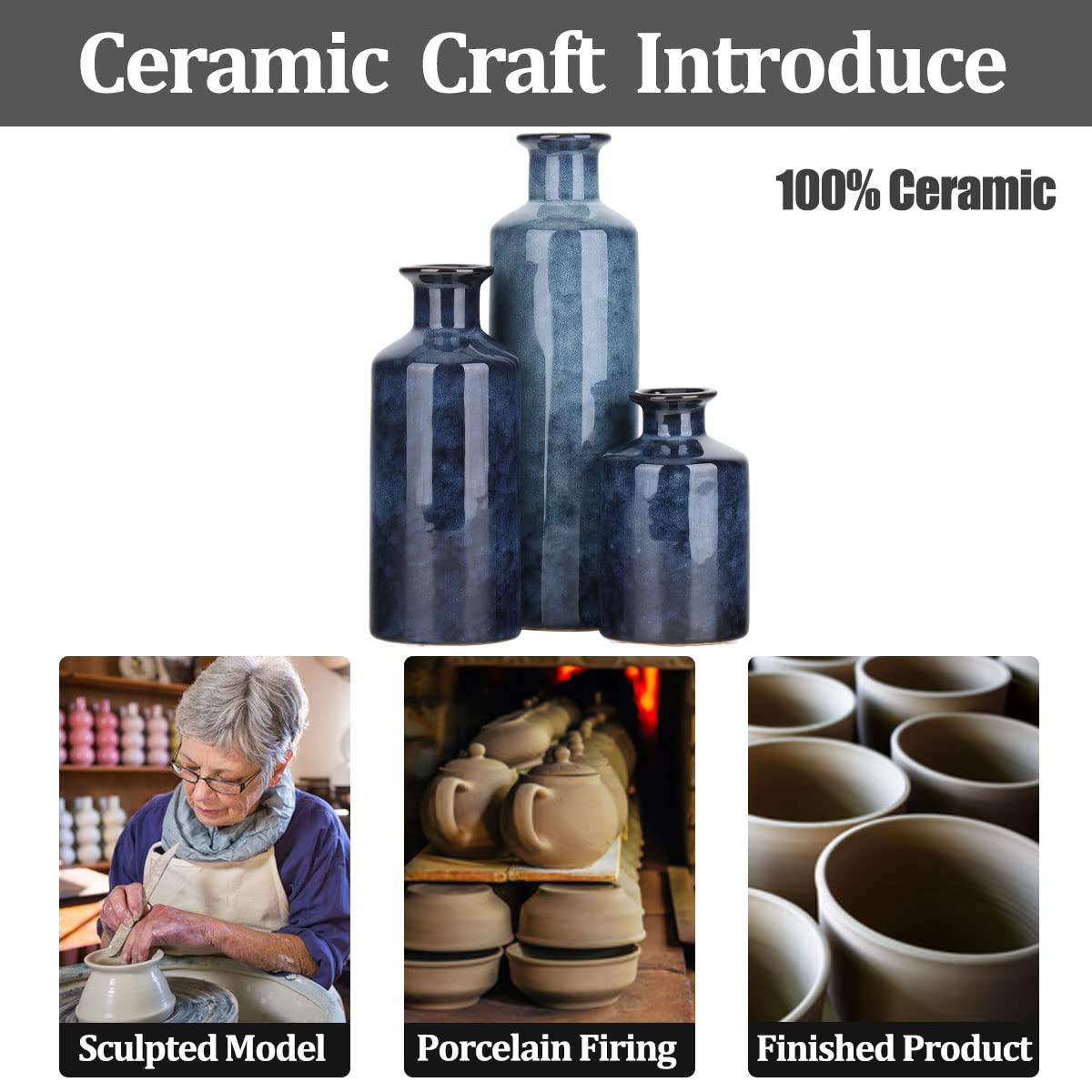 Blue Ceramic Vases Set - 3 Blue Small Vase, Farmhouse Country Blue Vases Home Decor, Living Room Decoration, Table Decoration, Fireplace Decor, and Entrance Decoration Centerpieces - Image 3