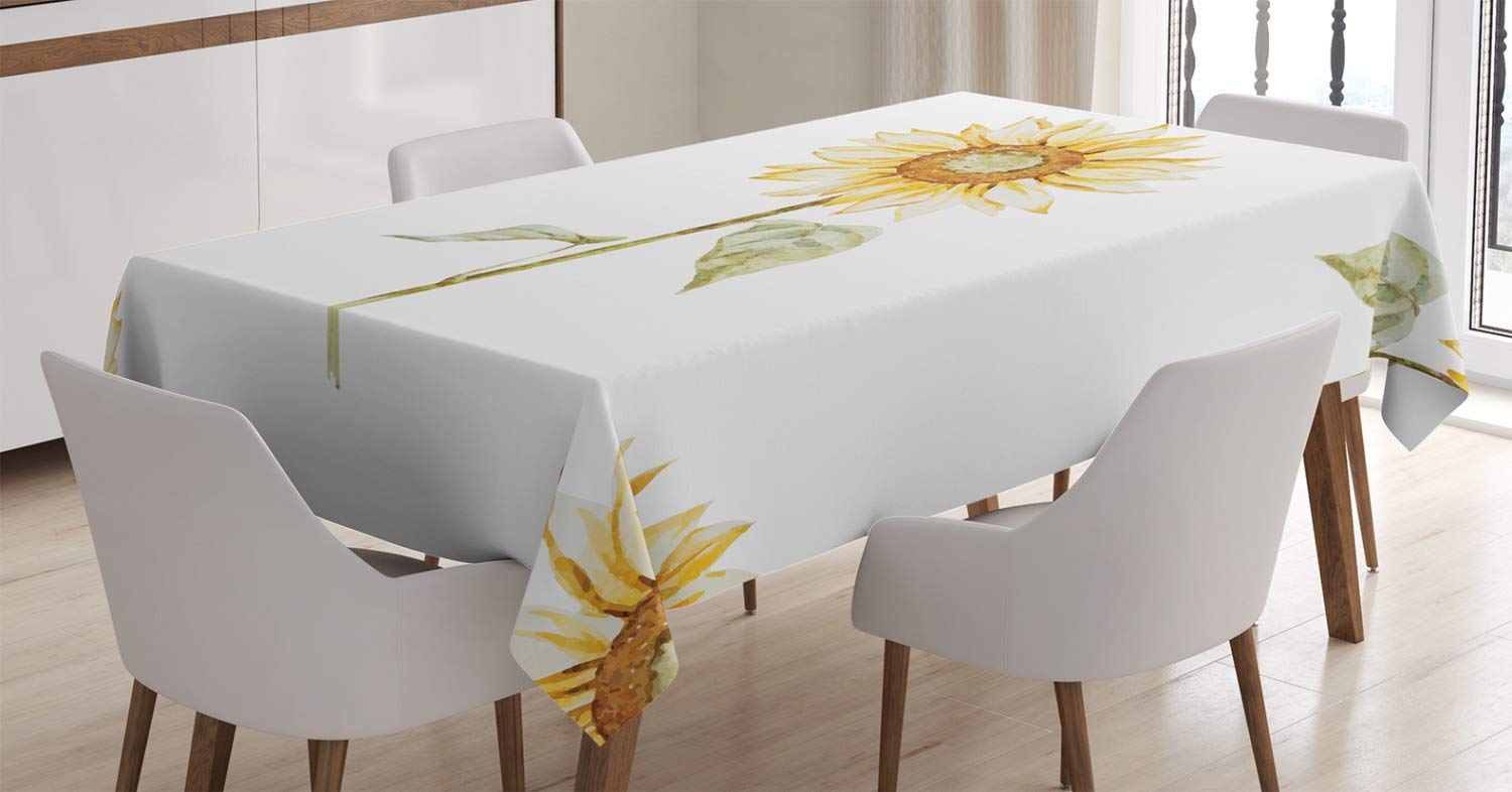 ABAKUHAUS Sunflower Tablecloth, Sunflowers Watercolor Painting Effect and in Minimalistic Design Artwork, Dining Room Kitchen Table Cover, 54" x 78", Yellow Green