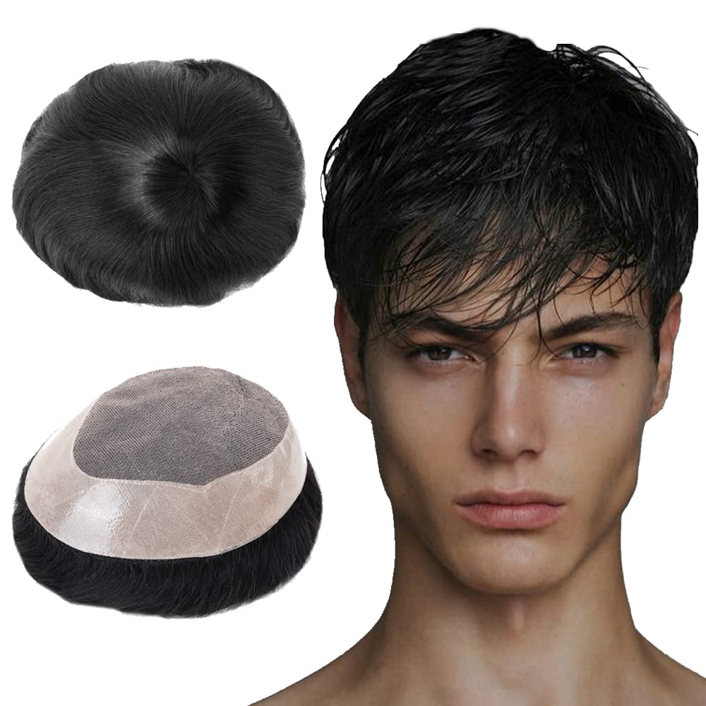 Lordhair Human Hair Lace Toupee with PU for Men Hair System Black Replacement Hairpiece Base Size 6x8 inch