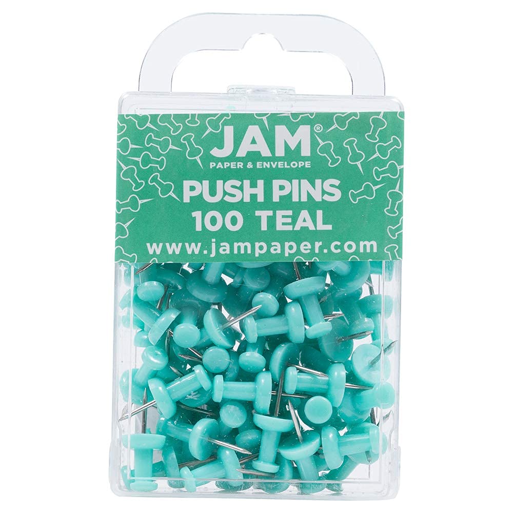 JAM PAPER Colourful Push Pins - Teal Pushpins - 100/Pack