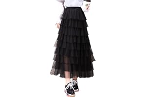 ebossy Women's Sweet Elastic Waist Tulle Layered Ruffles Mesh Long Tiered Skirt