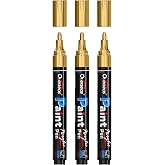 Overseas 3 Pack Gold Acrylic Paint Pens Paint Markers Medium Tip | Waterproof, Fade Resistant, Water Based Permanent Markers for Wood, Metal, Glass, Rock, Plastic, Canvas, Rubber, Fabric