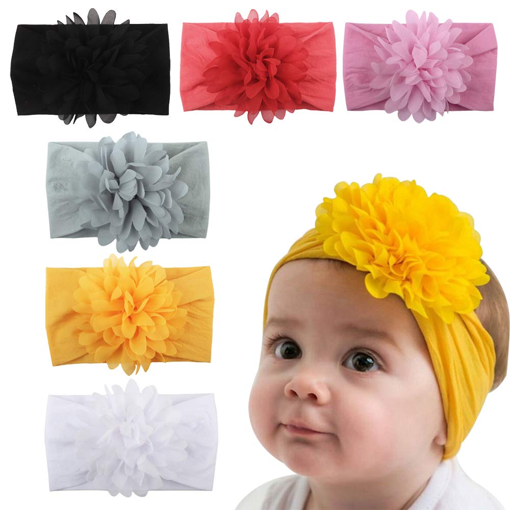 Golden Apple 6 PACK Baby Girl's Headbands with Chiffon FLowers Soft Headwraps Caps Infant Head Bands