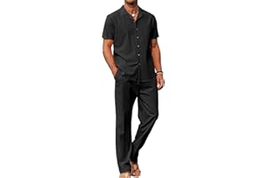 Yuyanrocks Men's 2 Piece Outfits Casual Beach Short Sleeve Button Down Shirts Loose Pant Sets Summer Vacation Walking Outfits