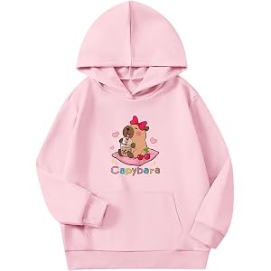 QISSYILY Girl'S Cute Capybara Hoodie Kawaii Cartoon Graphic Hoodies with Pockets Bow Cherry Anime Hooded Sweatshirt Pullover