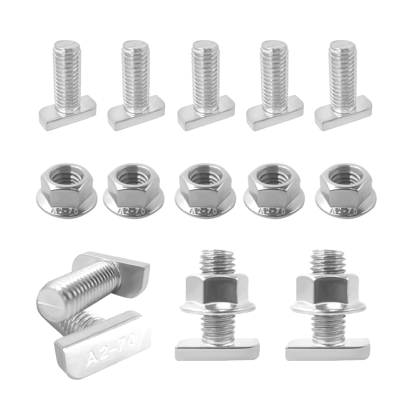 SyiXute 20 Pcs T Slot Bolts,Hammer Head Screws M10 x 25 Stainless Steel A2-70,T-Slot Track Bolts with 20 Pcs Hexagon Flange Nuts for Aluminum Profile,Photovoltaic Solar Panels