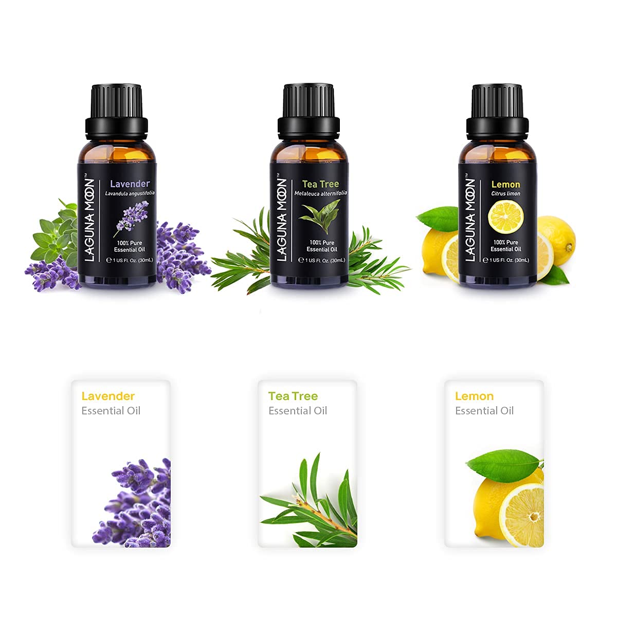 Lagunamoon Pure Tea Tree, Lavender, Lemon Essential Oils - Top 3 Piece Oil Gift Set for Diffusers, Humidifiers, Massages, Yoga Room, Home, Office - Safe for Skin, Hair, & Nails (90mL Total)