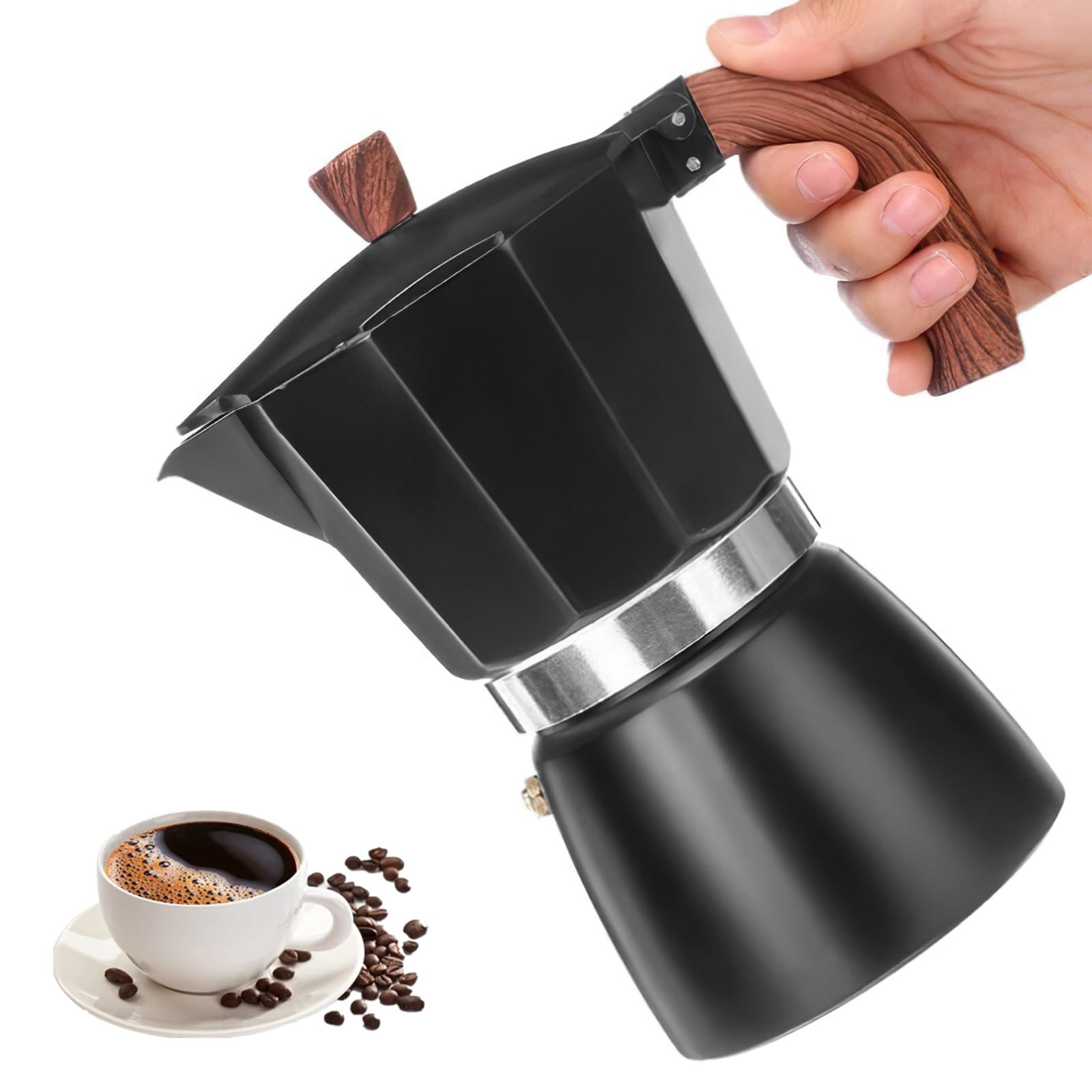 WIGUROE Moka Pot, Stovetop Coffee Maker, 6 Cup/10 oz Stovetop Espresso Maker, Aluminium Italian Espresso Maker Moka Pot, Moka Coffee Pot for Classic Espresso (Black)