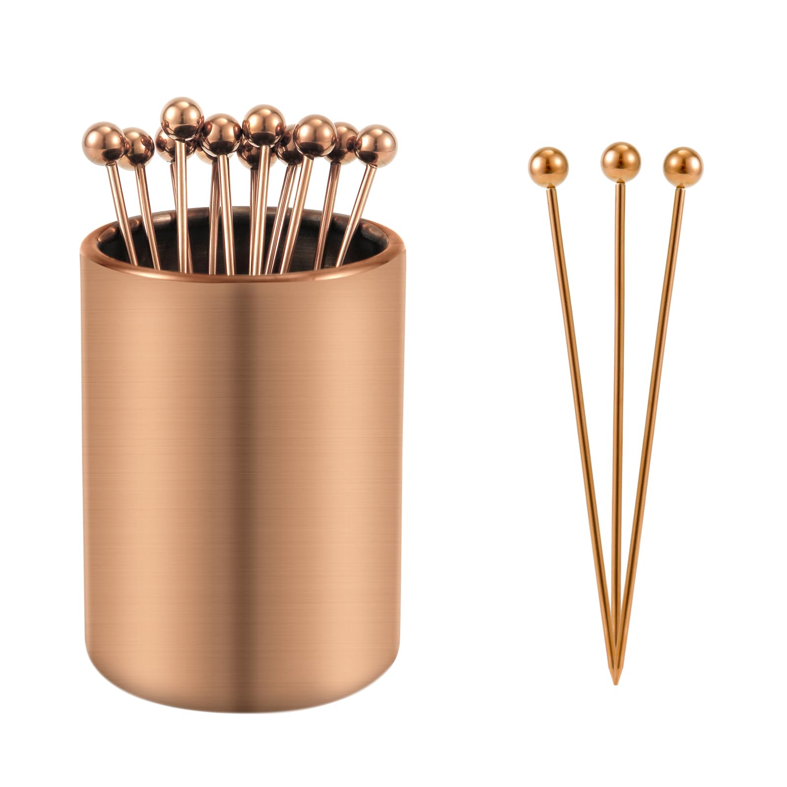 Metal Cocktail Picks Holder Set, 12 Cocktail Toothpicks Reusable Stainless Steel Skewers Decorative Sticks for Appetizers for Sandwiches, BBQ Snacks, Cocktails, Drinks (Rose Gold)