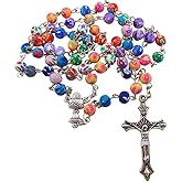 Westmon Works First Holy Communion Rosary Set with Colorful Flower Beads Prayer Card and Bag