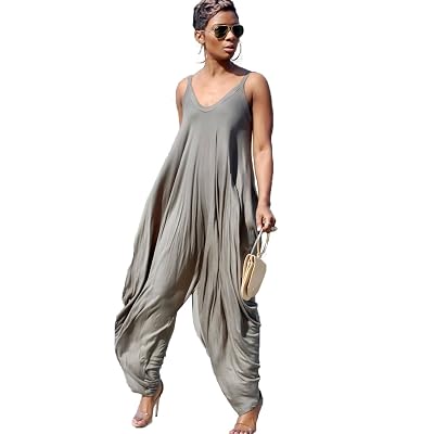 Young_Me Womens Punk Spaghetti Strap Jumpsuit V Neckline Comfy Loose Harem Plus Size