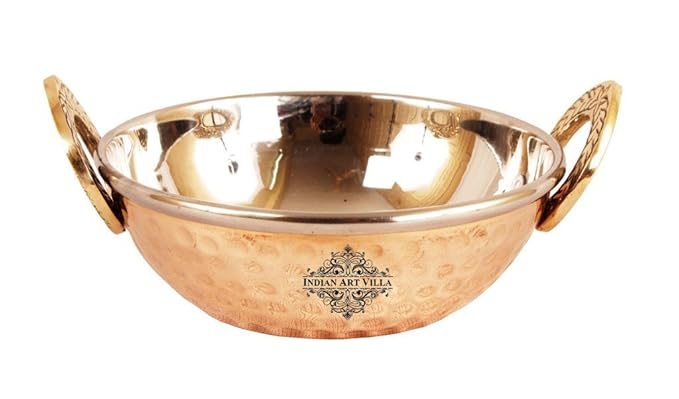 Indian Art Villa Hammered Steel Copper Kadhai Kadhai Wok Bowl, Serving Dishes, Tableware, 350 ML