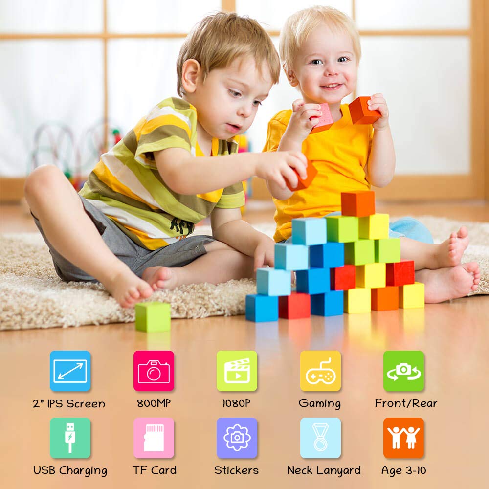 Kids Camera, Digital Camera for Kids 3-10 Years Old with 8.0MP 1080P 2.0 Inches IPS Screen, No Peculiar Smell, Shockproof and Rechargeable Kids Video Camera for Girls Boys (16GB TF Card Included)