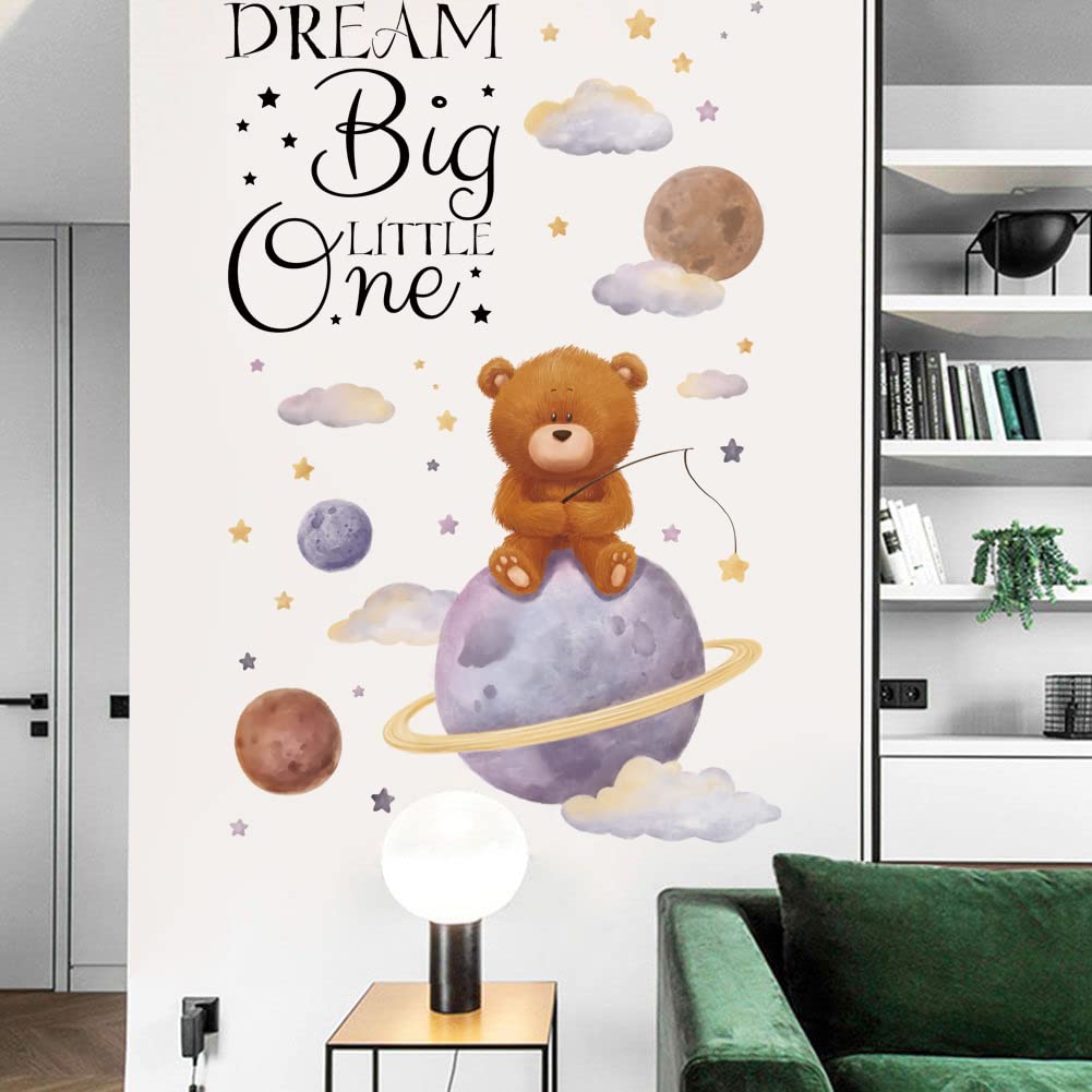 Runtoo Wall Sticker Bear Space Wall Decal Sayings Dream Big Little One Wall Decals Baby Room Children's Room