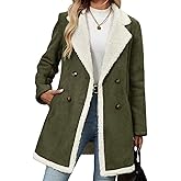 ERTUPE Womens Sherpa Lined Faux Suede Long Jacket Coats Notch Lapel Double Breasted Fleece Fur Leather Winter Warm Overcoat