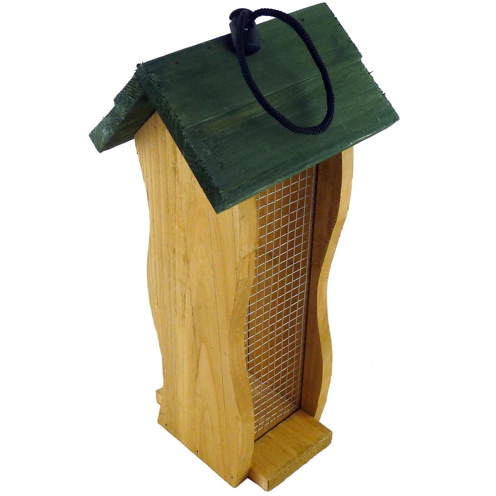 HANGING WOODEN & MESH WIRE GARDEN BIRD SEED FEEDER WITH NYLON HANGING