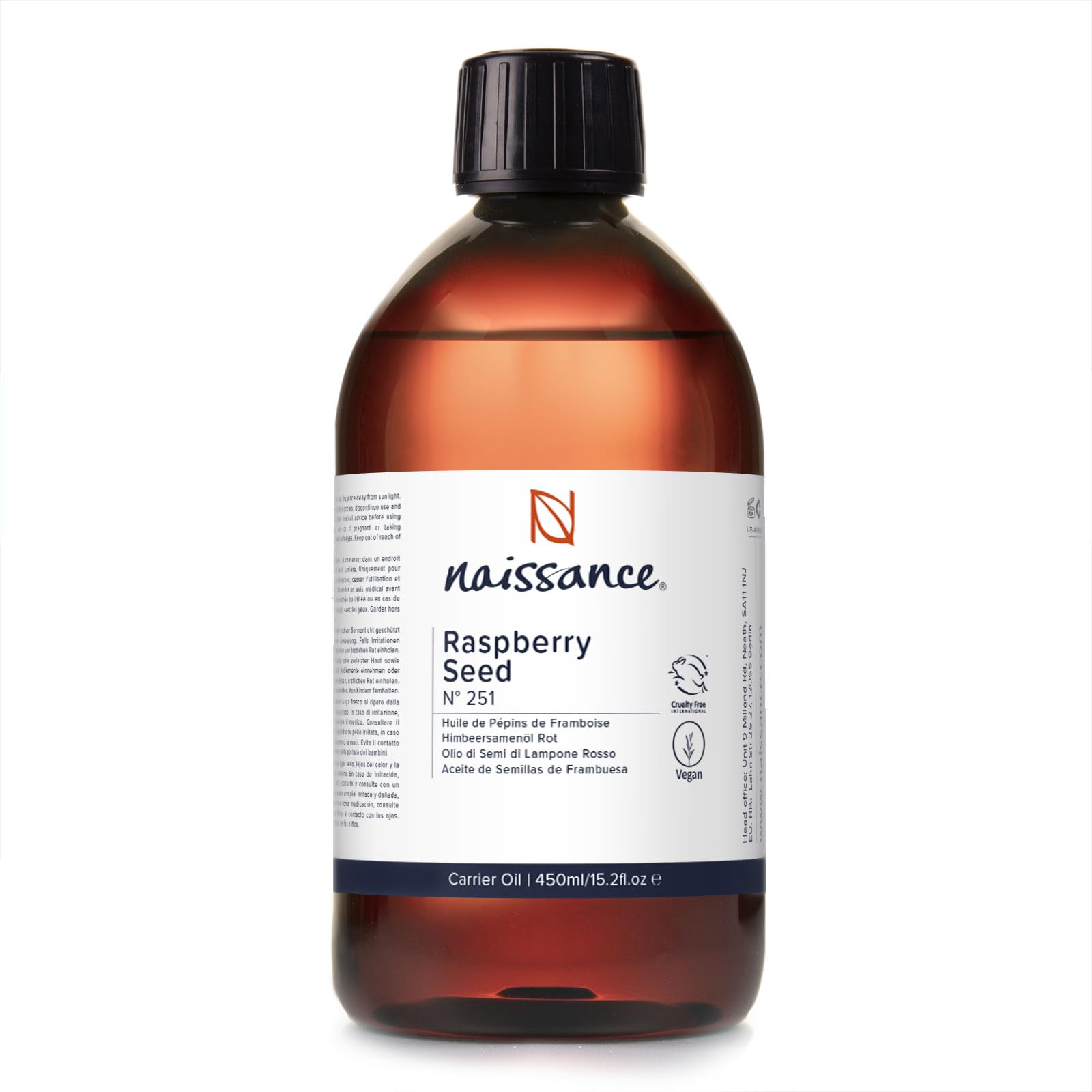 Naissance Red Raspberry Seed Oil (No. 251) - 450ml - Natural, Cold Pressed, Vegan - for Aromatherapy, Massage Base Oil, DIY Beauty Recipes