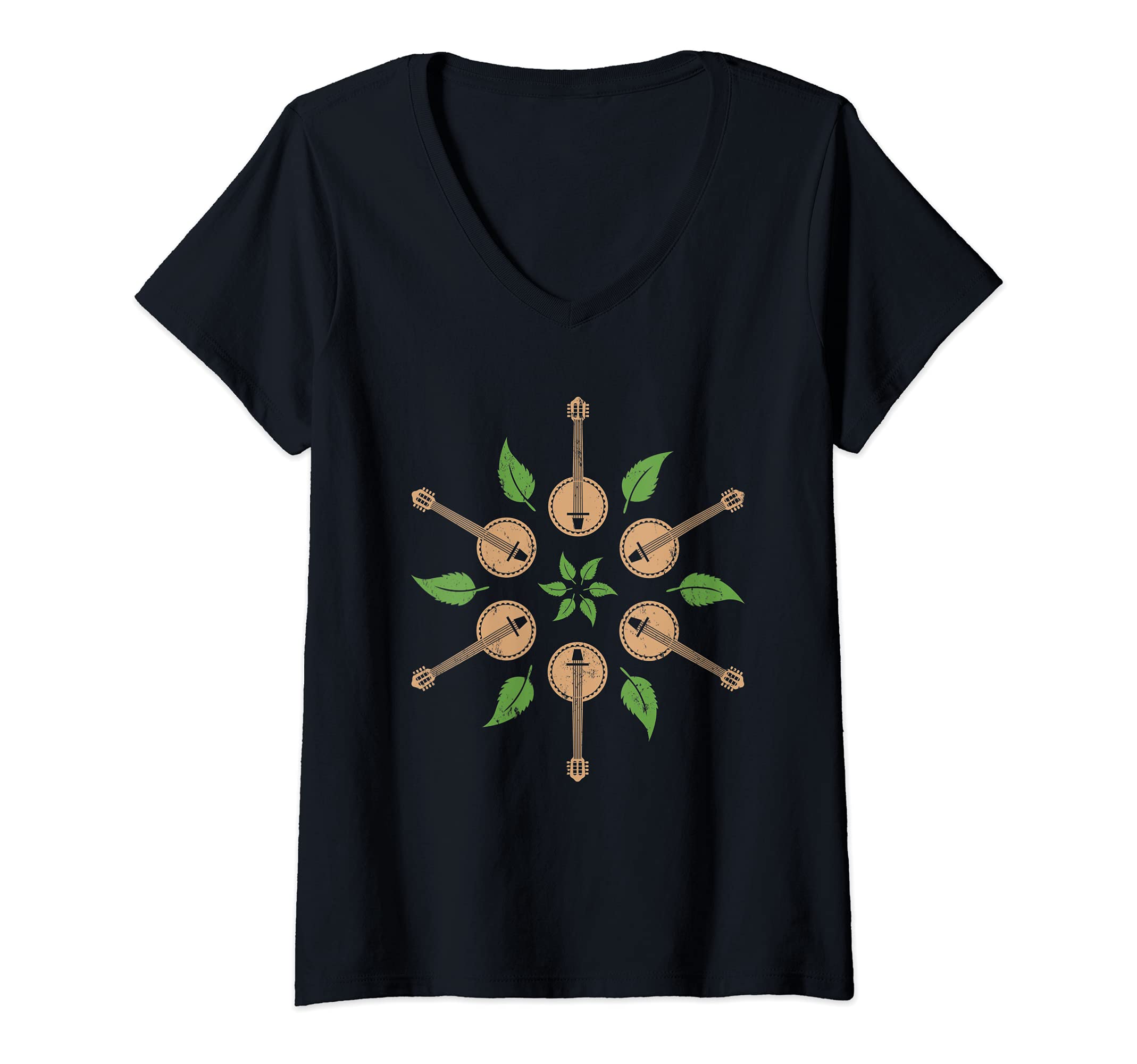 Womens Banjo Mandala Bluegrass Banjo Guitar V-Neck T-Shirt