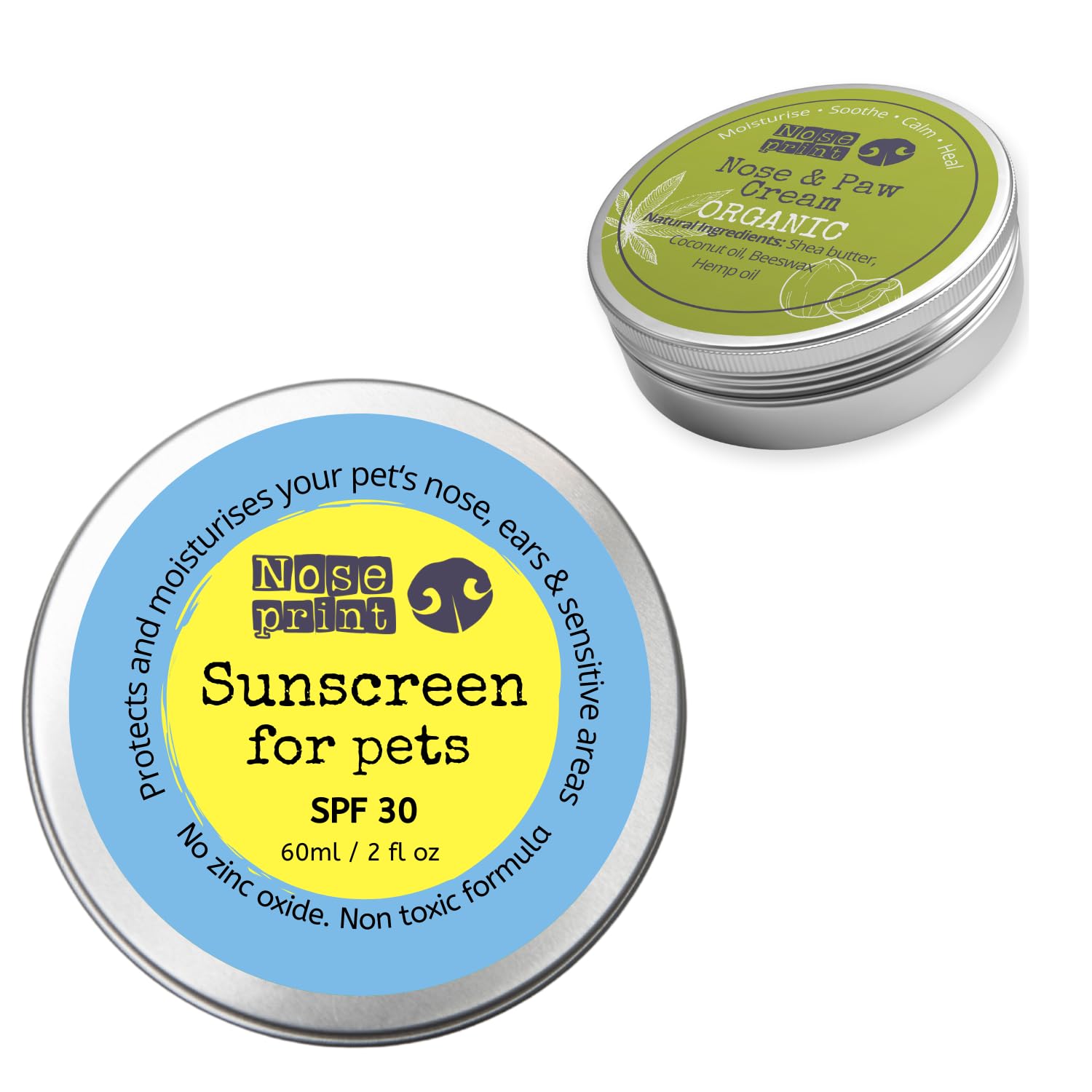SPF 30 Sun Protection Balm For Pets 60 ML in Tin | Moisturising Sunscreen For Dogs And Cat Non-Toxic Formula Dog Nose Balm Dog Paw Balm (Bundle spf30+Organic paw balm 30ml)