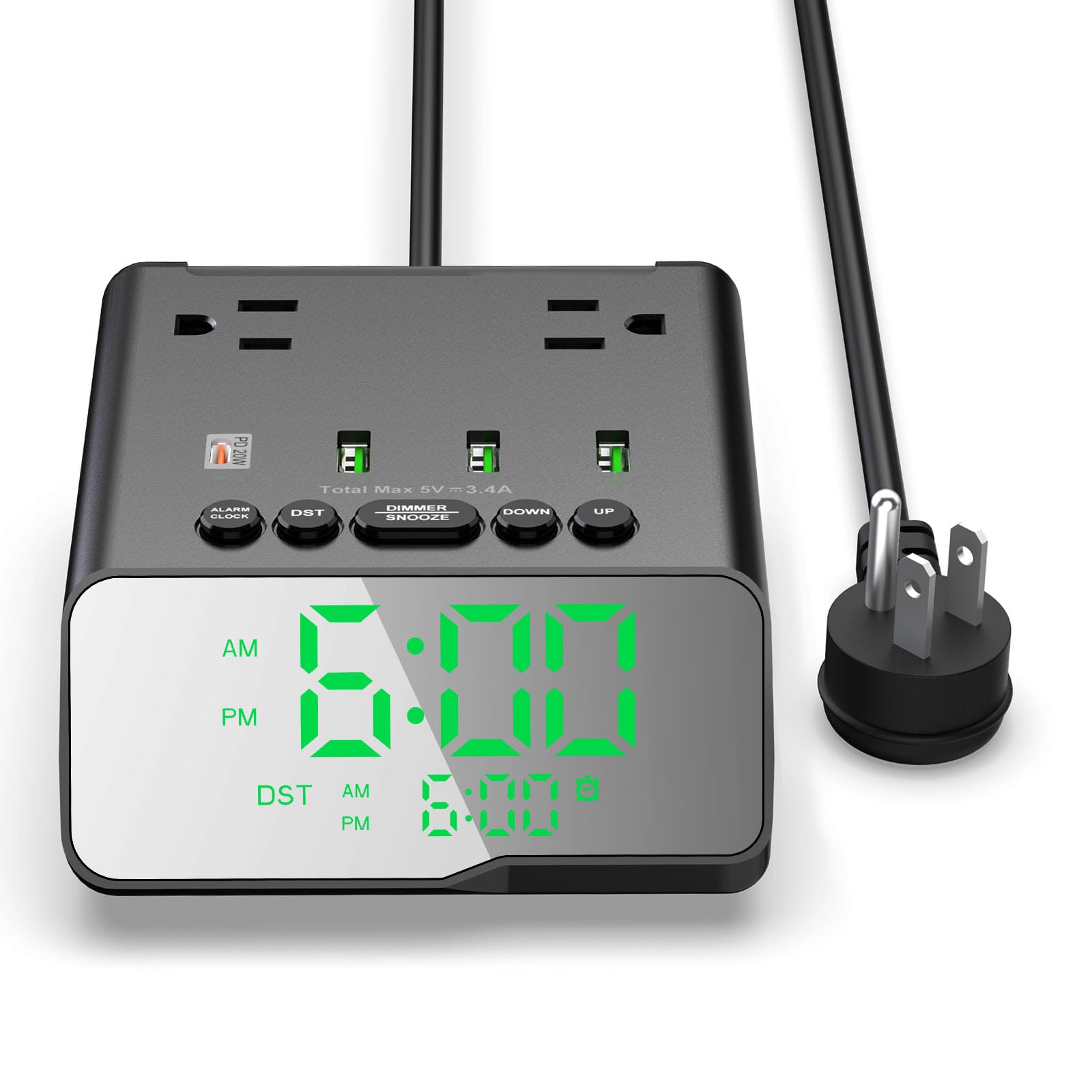 Photo 1 of Electronic Alarm Clock with USB Charger Power Strip, 6FT Power Cord Alarm Clock Charging Station with 4 USB Ports and 2 Outlets for Bedside, Home, Hotel (Adjustable Brightness, ON/Off Switch)
