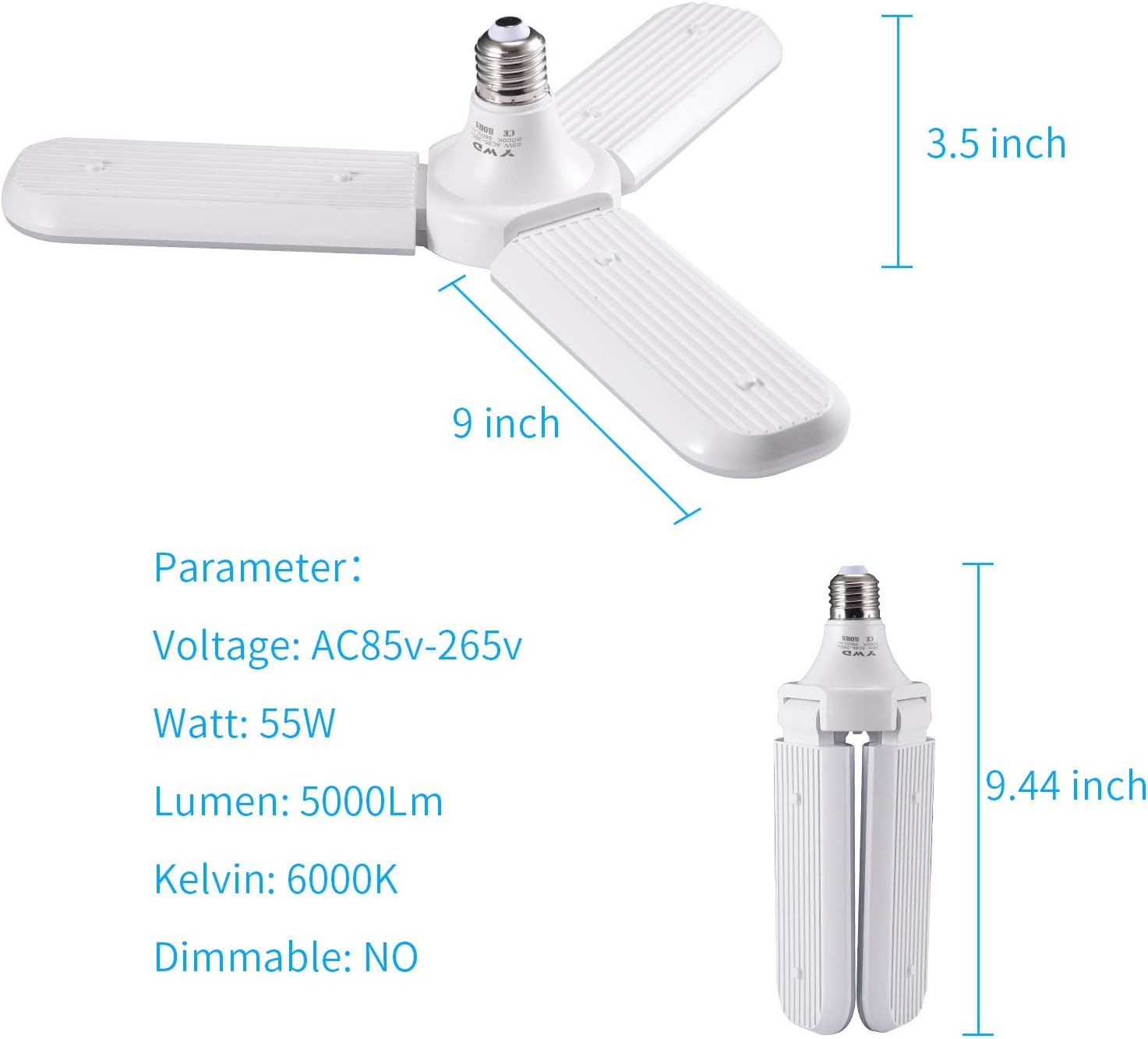 LED Garage Light Equivalent 400W, 5000LM 6000K Led Light Bulb, E27 Medium Base, Led Deformable Light, Workshop Light for Workshop, Workbench, Barn, Warehouse - - 