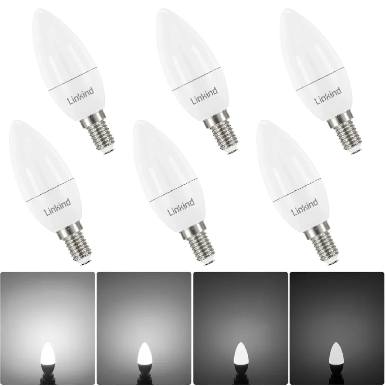 Linkind E14 LED Dimmable Candle Light Bulbs, 5000K Daylight White SES Bulb 5W, 40W Equivalent 470lm, Energy Saving LED Bulb, CE/RoHS/ErP Certified, AC 220-240V, 6 Pack