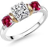 Gem Stone King 1.74 Cttw 925 Silver & 10K Yellow Gold IGI Certified Lab Grown Diamond and Created Ruby 3 Stone Ring For Women | 1 Ct Center Cushion Cut Diamond | E-F Color VS1-VS2 Clarity
