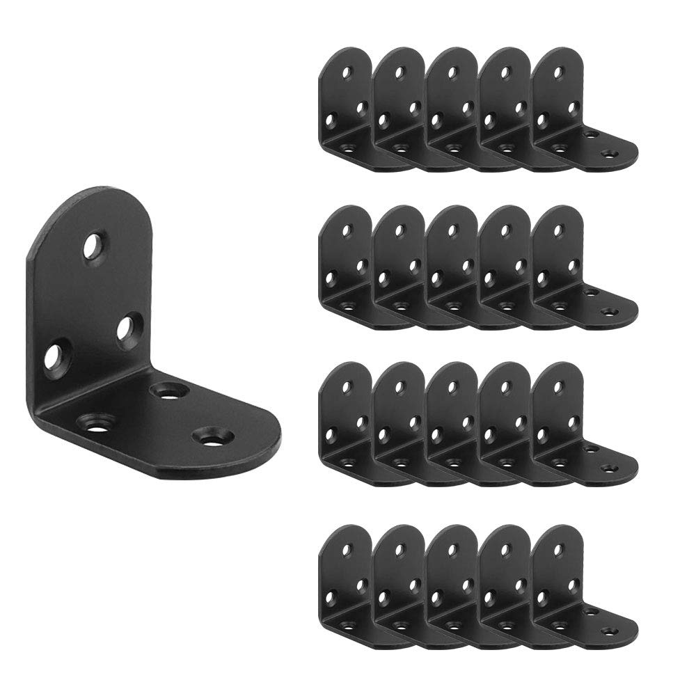 STARVAST 20 Pack Heavy Duty Stainless Steel 90 Degree Right Angle L Shape Bracket, Corner Brace Joint Bracket Fastener, 50 x 50 x 38mm, Black Coated, Round End, 6 Holes