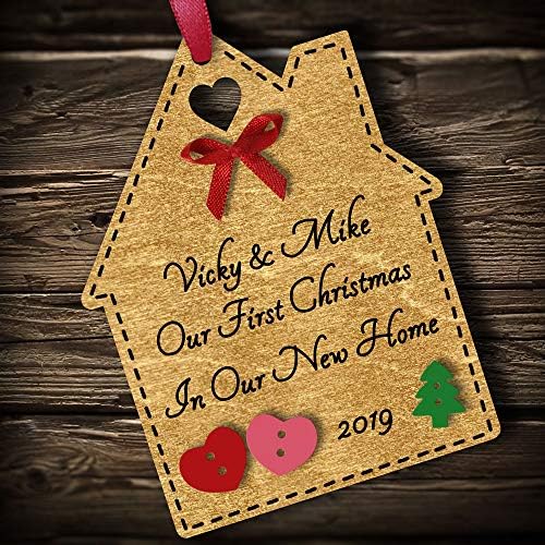 Multi-Colour Personalised First 1st Christmas in Your/Our New Home Bauble tree decoration wooden house hanging ornament keepsake gift for couple or family (Gold #2)