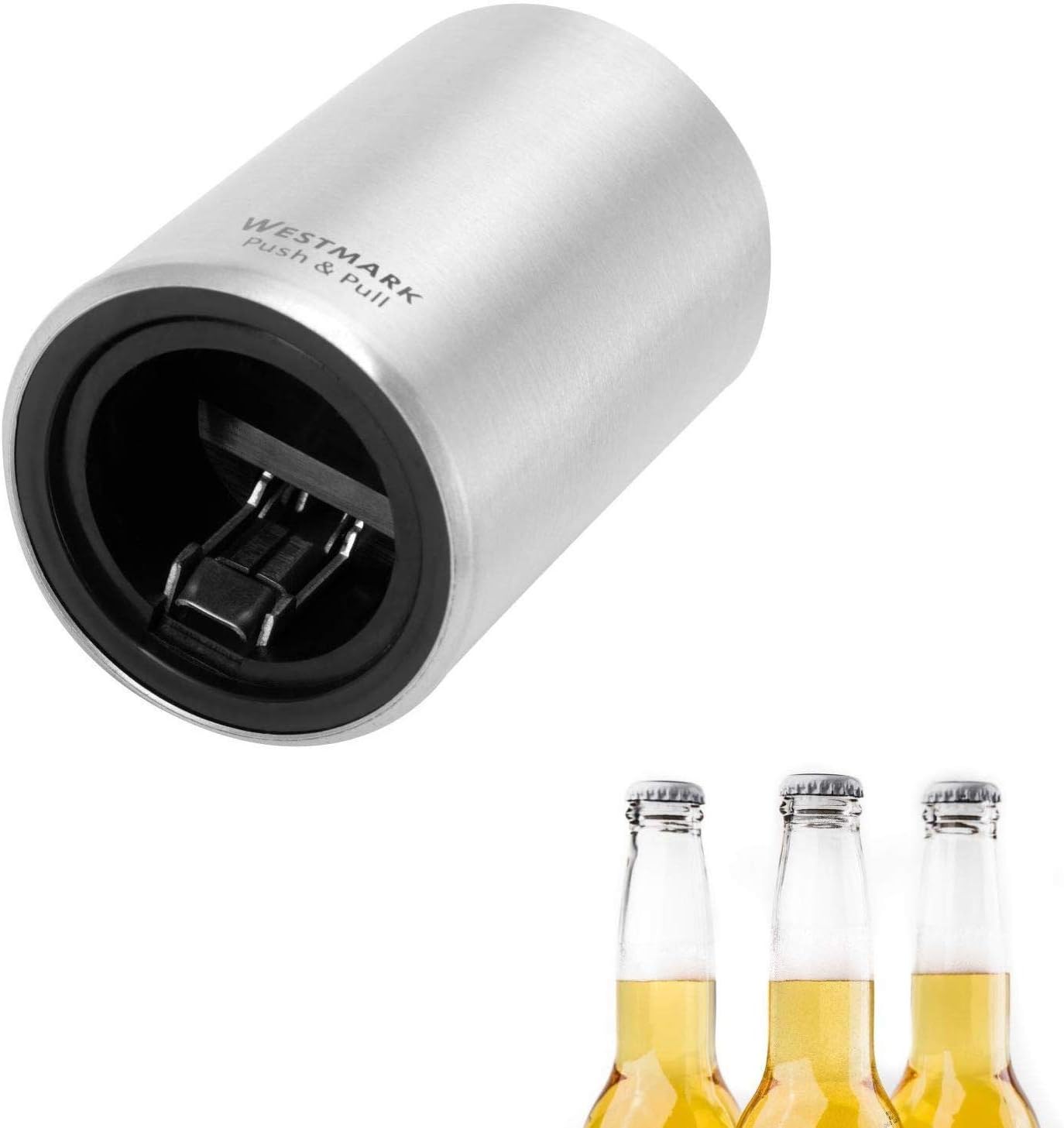Westmark Automatischer Flaschenöffner/Kapselheber, Zum Öffnen von Kronkorken-Flaschen, Gebürstetes Aluminium, Push&Pull, Silber, 5.3 x 5.3 x 8 cm