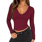 ForeFair Womens Casual V Neck Long Sleeve Shirts Going Out Double Lined Crop Tops Slim Fitted Basic Tee