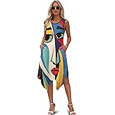 Zhangruoheng Oil Painting Print Women's Summer Sleeveless Dress Swing Irregular Hem Dress with Pockets for Party Beach Dates