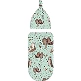 Cute Sea Otters Newborn Swaddle Blankets Beanie Hat Sets, Soft Otter Baby Stuff Blanket Swaddle Sack for Baby Shower Infant Boy and Girl Gift