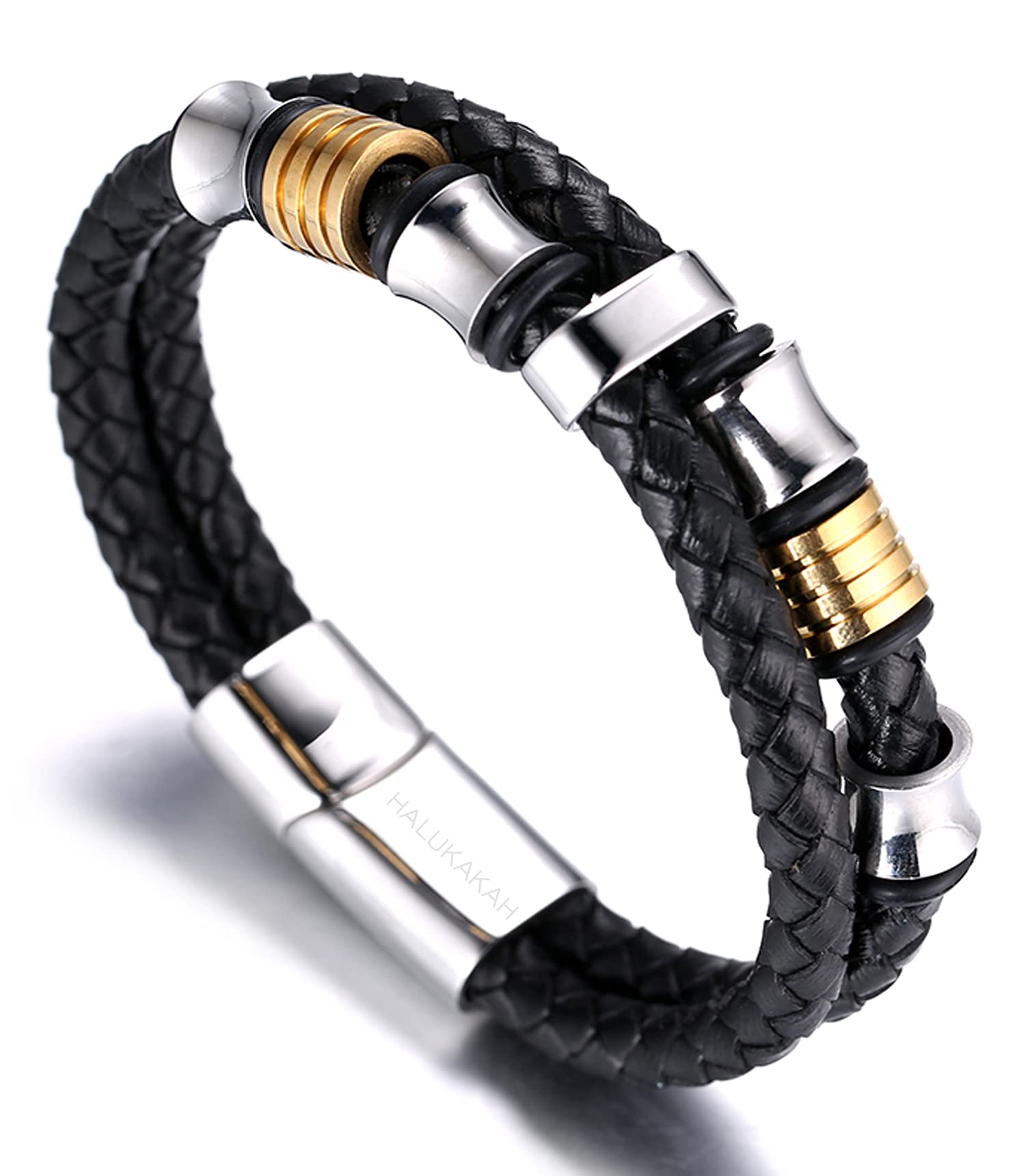 HALUKAKAH Kids ● Honour Junior ● Boy's Genuine Leather Bracelet 6-12 Y/O. with Titanium Beads Silver & Golden Magentic Clasp 7"/18cm with Free Giftbox