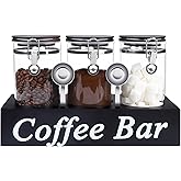 WYTAOHZL 3PCS Glass Coffee Containers with Shelf 54 oz Coffee Station Organizer Glass Bean Storage with Spoon Canister Set Jars with Airtight Locking Clamp for Bean Sugar Nuts