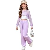 QPJQPJ Girls 3 Piece Purple Casual Set, Long Sleeved Openwork Top, Cami Tops and Sports Pants Fashion Outfits 8-12T