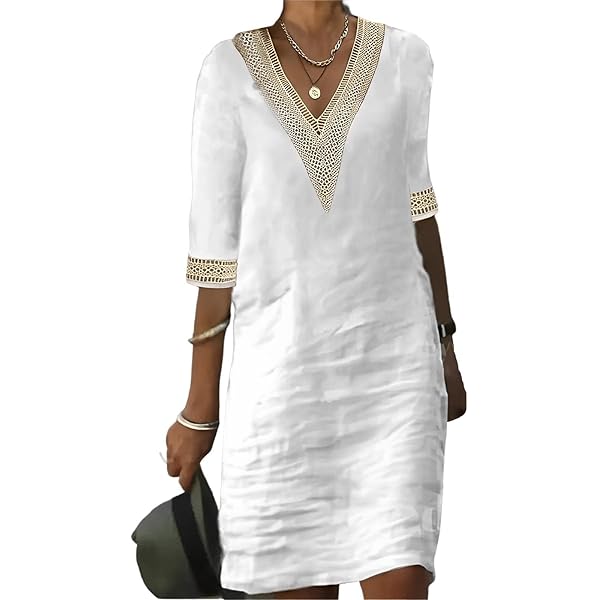 Womens Half Sleeve Cotton Linen Midi Dress Summer Plus Size Lace V Neck Knee  Length Shift Beach Dresses at Amazon Women's Clothing store