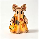 Lighted Vintage Patchwork Ghost, LED Light Up Ghost with Pumpkin Lantern, Rustic Fall Figurine Lamp, Vintage Halloween Tabletop Decor for Mantel Shelf Tiered Tray Entryway Porch