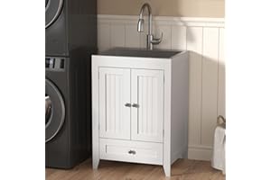 VINGLI 24-Inch Laundry Sink with Cabinet and Pull-Out Sprayer Faucet, Stainless Steel Utility Sink with Cabinet and Drawer Combo, Cabinet with Sink for Laundry & Utility Room, Kitchen, Bathroom, White