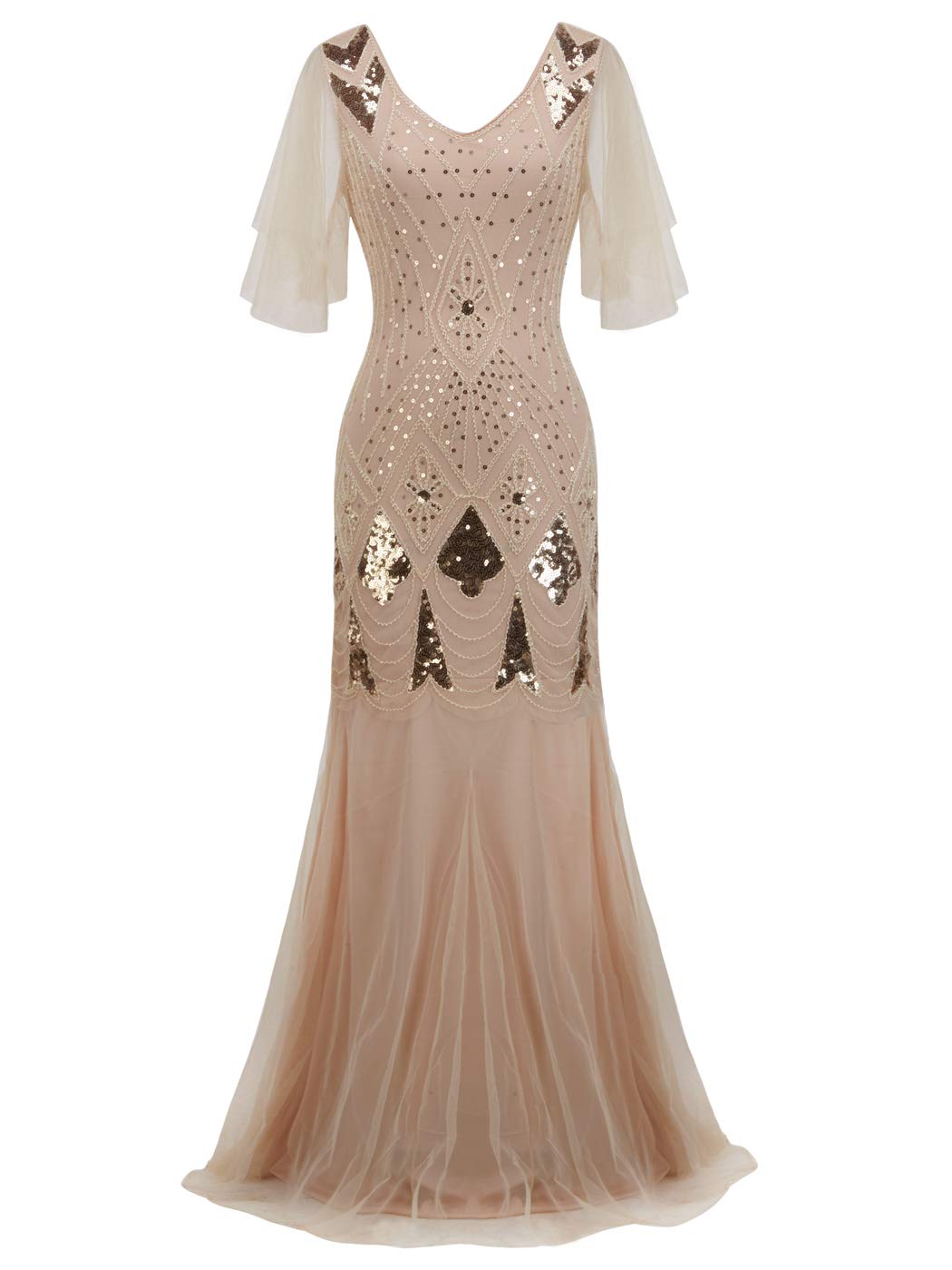 FAIRY-COUPLE-Womens-1920s-V-Neck-Sequin-Wedding-Party-Vintage-Prom-Dresses-M-Champagne-Gold