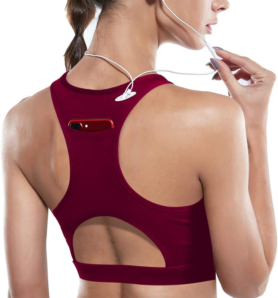 Zenwow Women's High Impact Back Pocket Sports Bra Running Padded Yoga Bra Racerback Activewear Bras