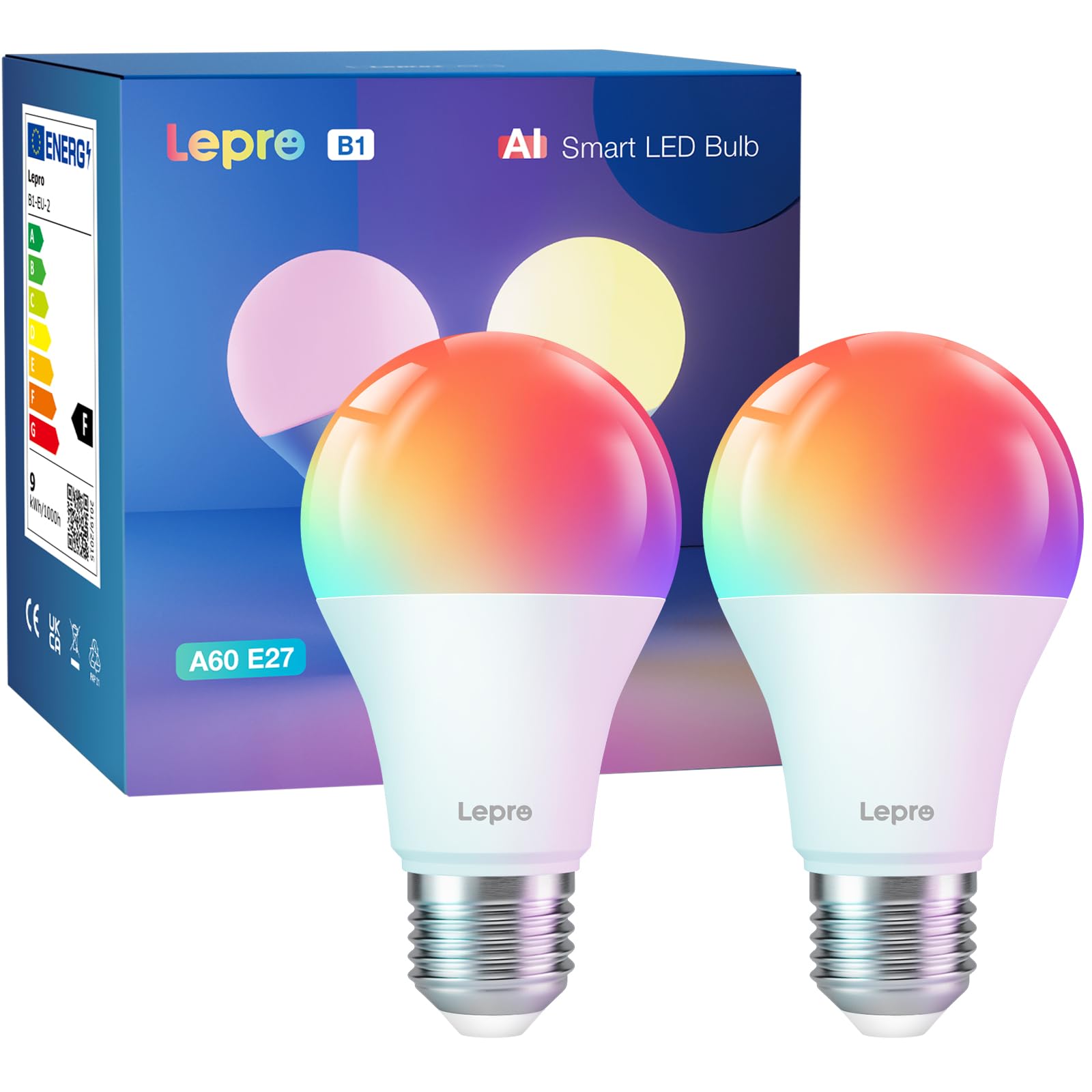 Lepro AI Smart Bulb E27, Music Sync WiFi Bulb, Voice Control Smart Screw Bulb, Colour Changing Light Bulbs, Work with Alexa & Google Assistant, Personalized AI Lighting Designer, 2 Packs