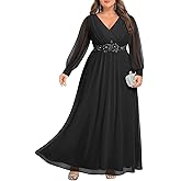 Pinup Fashion Women Plus Size Formal Dresses - Long Sleeve Evening Gown Applique Chiffon Maxi Dress