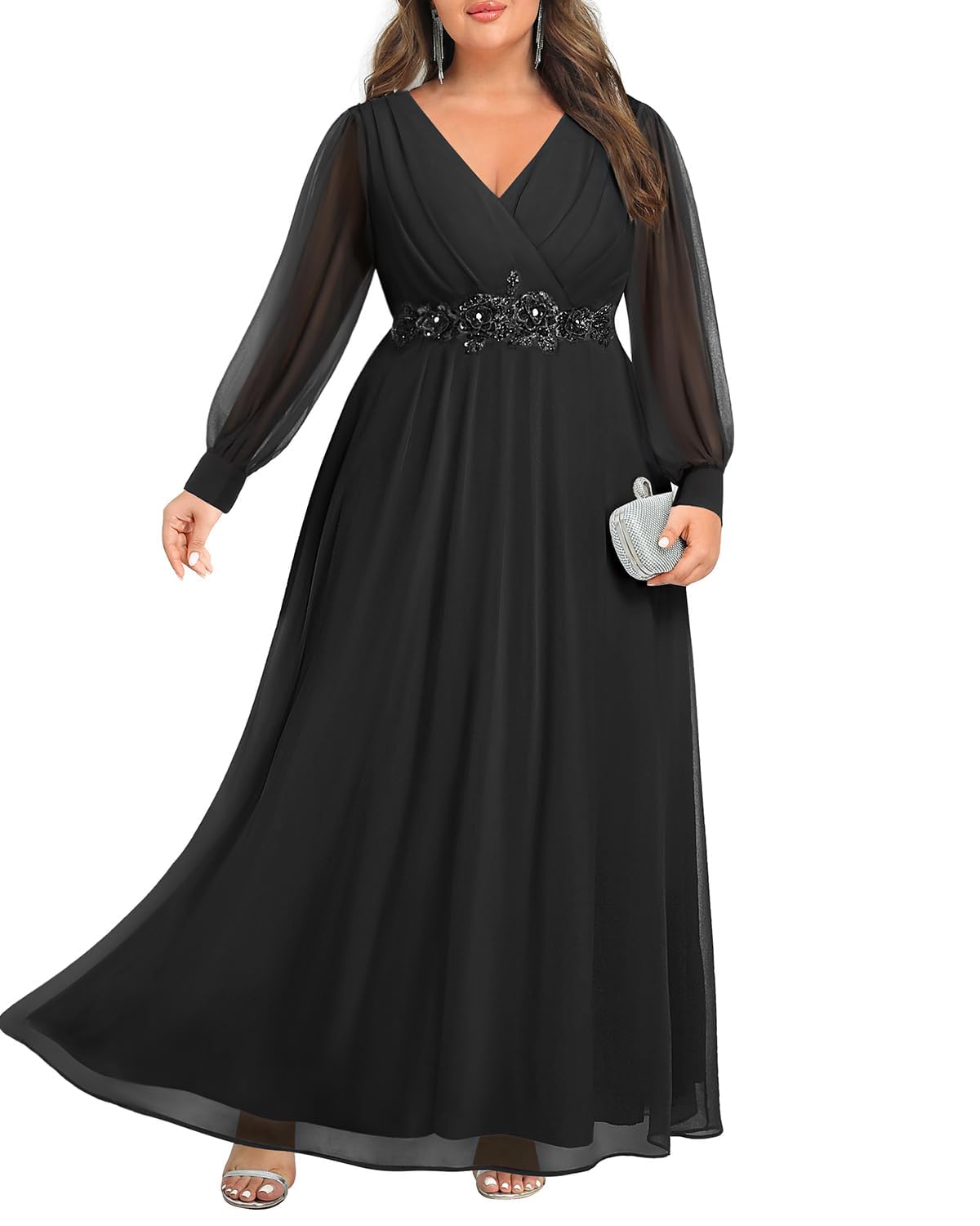 Photo 1 of Pinup Fashion Women Plus Size Formal Dresses Black Long Sleeve Evening Chiffon Bridesmaid Wedding Elegant Ruched A-Line Maxi Dress