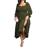 SCOMCHIC Womens Plus Size Maxi Dress Long Sleeve Square Neck Smocked Wedding Guest Flowy Split Fall Dresses with Pockets