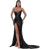Satin Prom Dress for Women Long Mermaid Strapless Formal Dresses Sparkly Sequin Beaded Evening Gowns F148