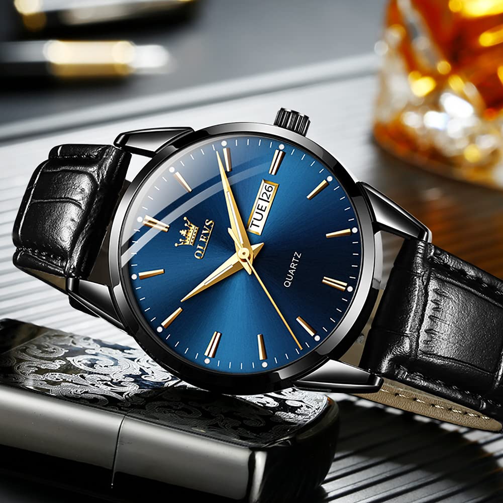 OLEVS Herrenuhren Blau Schwarz Lederarmband Quarz Uhr Männer mit Wochentag Datum Wasserdicht Leuchtende Klassische Elegantes Armbanduhr Geschenk 3